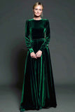 Simple Dark Purple Velvet A Line Long Holiday Party Dress with Sleeves