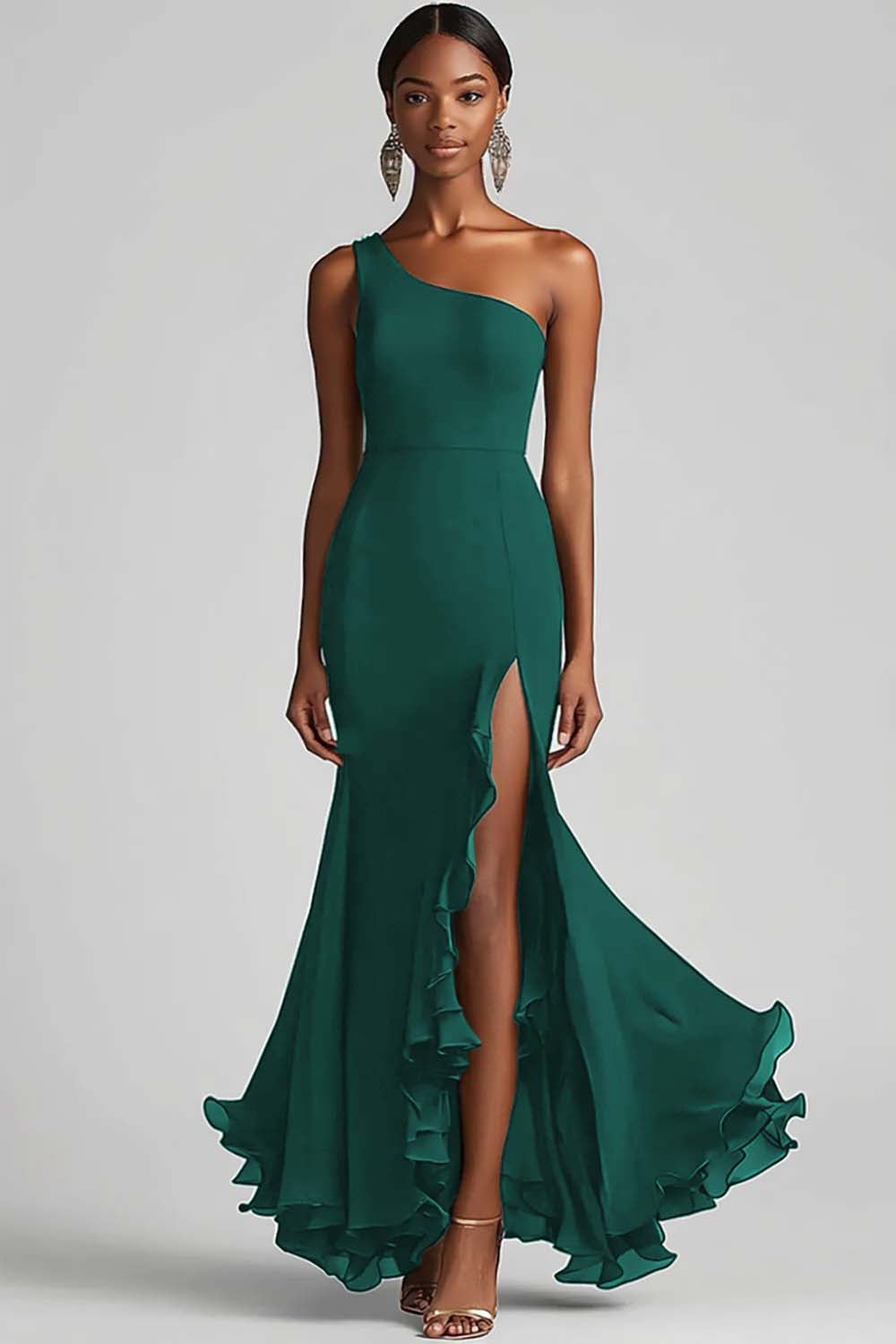 Black Mermaid One Shoulder Chiffon Long Ruffled Formal Dress with Slit