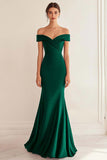 Navy Satin Off the Shoulder Sheath Long Formal Dress