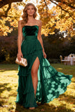 Khaki Tiered Chiffon Sweetheart Long Wedding Guest Dress with Slit