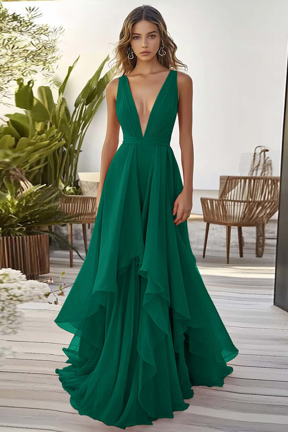 Orange Chiffon Deep V-Neck Long Wedding Guest Dress with Ruffles