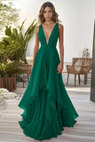 Orange Chiffon Deep V-Neck Long Wedding Guest Dress with Ruffles