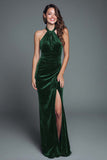 Burgundy Halter Velvet Mermaid Long Holiday Party Dress with Slit