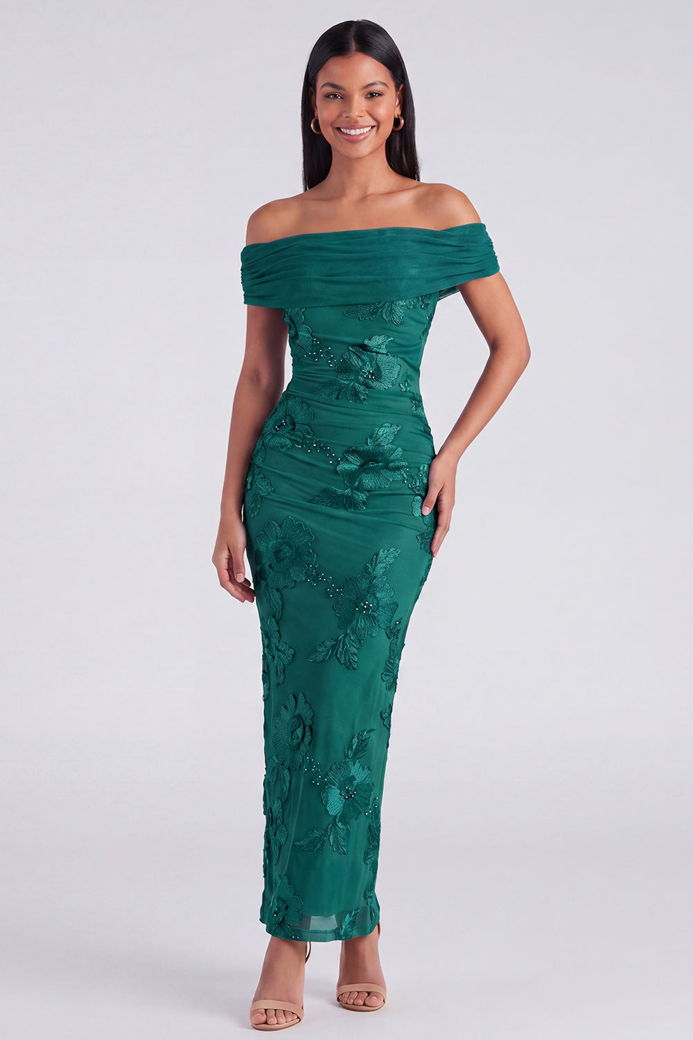 Off the Shoulder Blue Floral Maxi Mermaid Beach Wedding Guest Dress with Back Slit