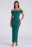 Off the Shoulder Blue Floral Maxi Mermaid Beach Wedding Guest Dress with Back Slit