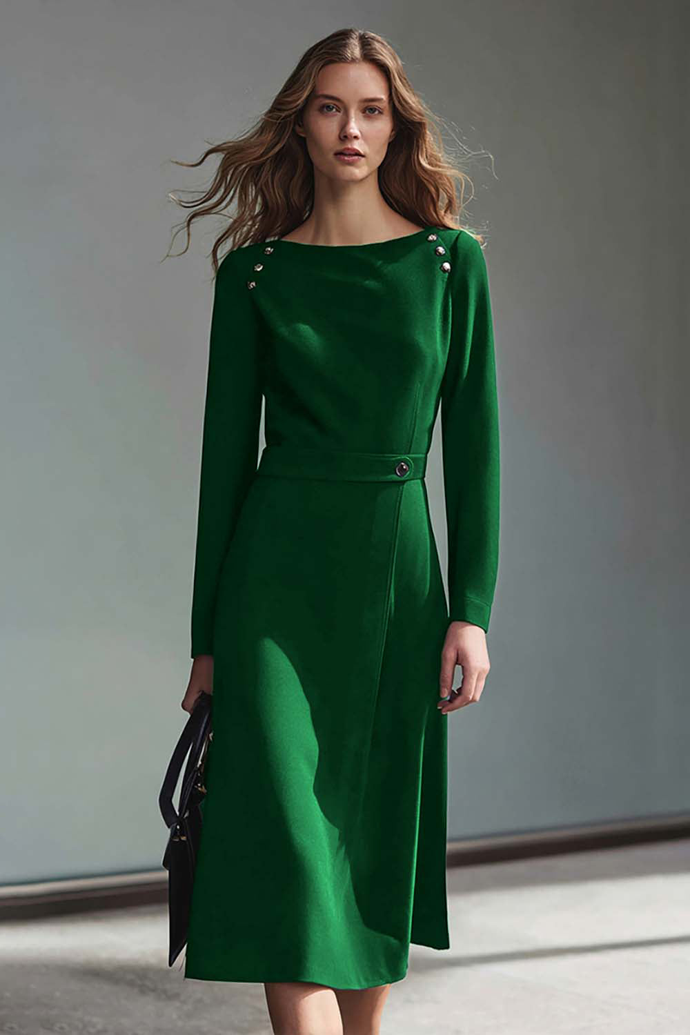 Dark Purple Long Sleeves Pencil Midi Work Dress with Buttons