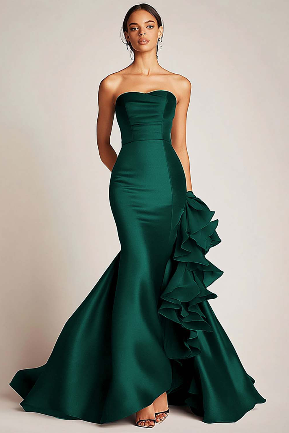 Satin Mermaid Long Strapless Formal Dress with Ruffles