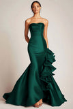 Satin Mermaid Long Strapless Formal Dress with Ruffles