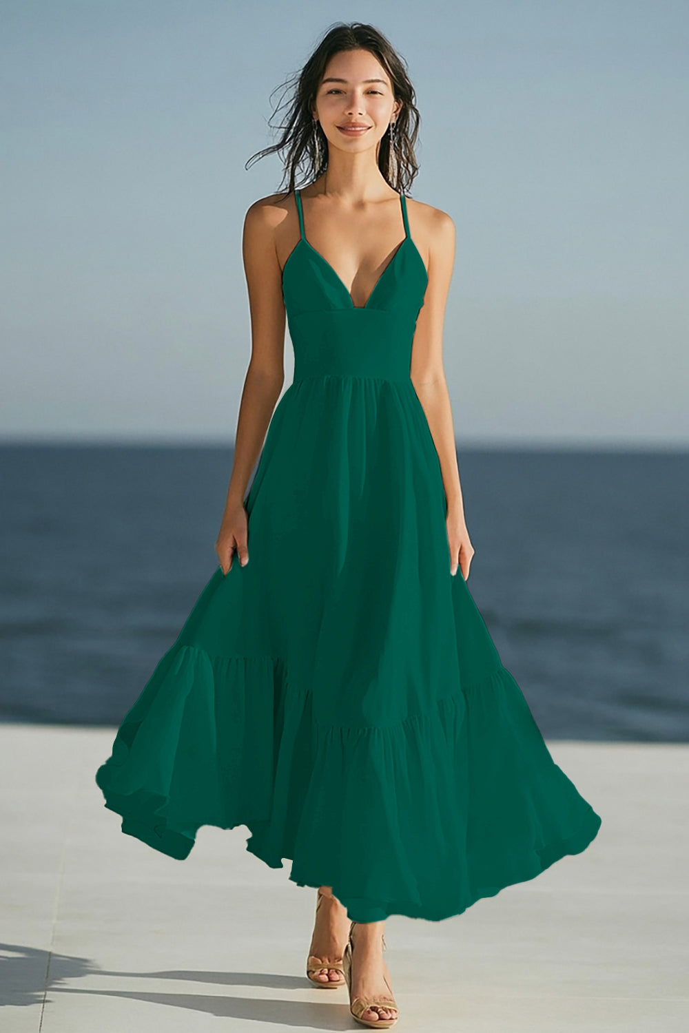 Simple Ivory Spaghetti Straps Beach Maxi Engagement Dress