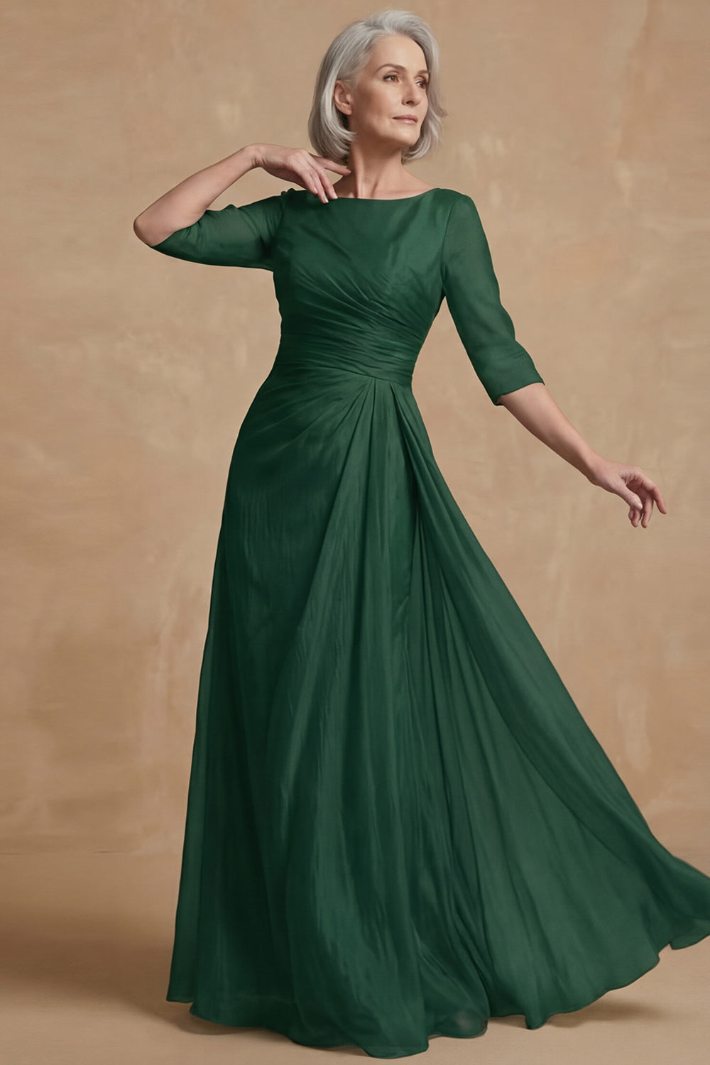 Dusty Sage Bateau Neck A Line Long Mother of the Bride Dress with Sleeves
