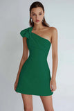 Ivory Satin One Shoulder Short A Line Graduation Dress with Bow