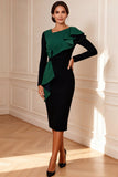 Black and White Pencil Ruffled Midi Mother of the Bride Dress with Sleeves