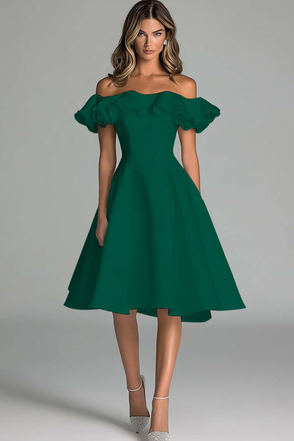 A Line White Satin Off the Shoulder Short Graduation Dress with Ruffles