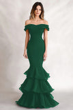 Black Mermaid Off the Shoulder Long Tiered Formal Dress