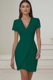 Ivory V-Neck Pencil Pleated Short Work Dress with Sleeves