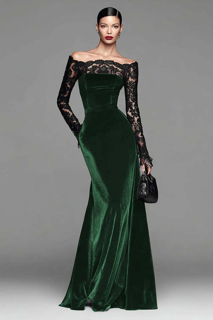 Burgundy Velvet Long Sleeves Mermaid Party Dress, Long Prom Dress C1544