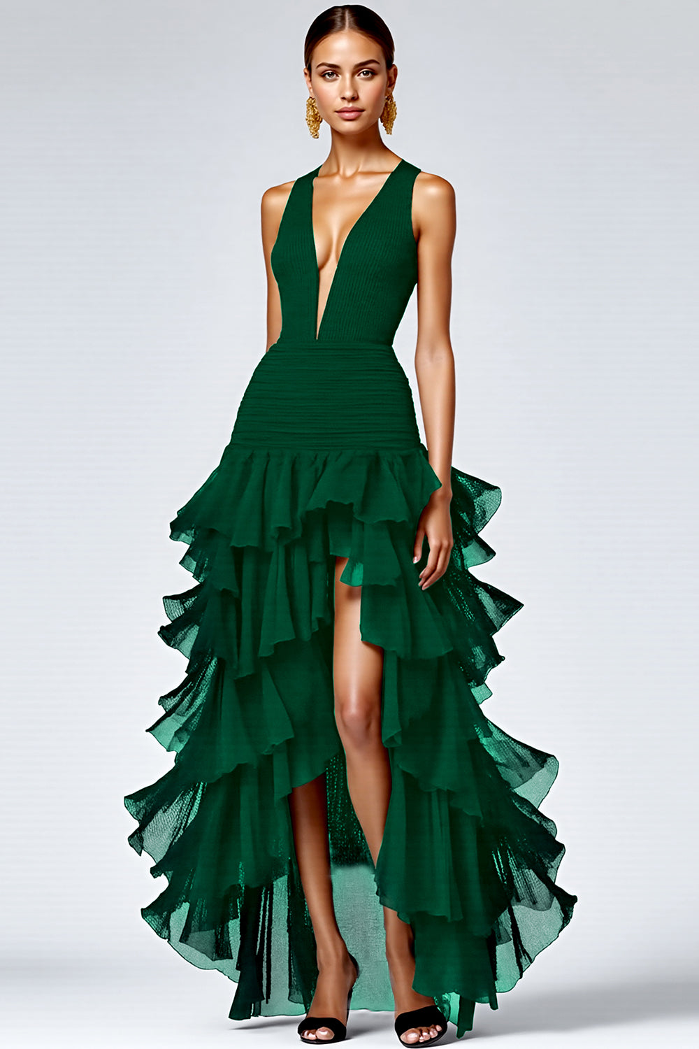 Black Deep V-Neck Tiered Long A Line Formal Dress with Slit