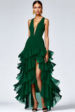 Black Deep V-Neck Tiered Long A Line Formal Dress with Slit