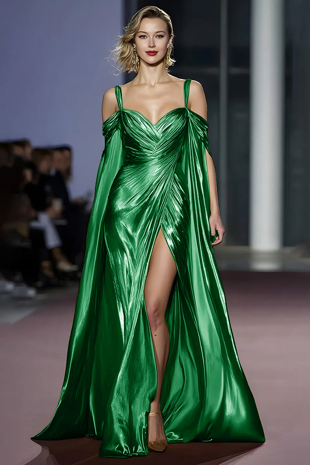 Golden Cold Shoulder Metallic Long Gala Dress with Slit