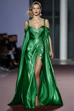 Golden Cold Shoulder Metallic Long Gala Dress with Slit