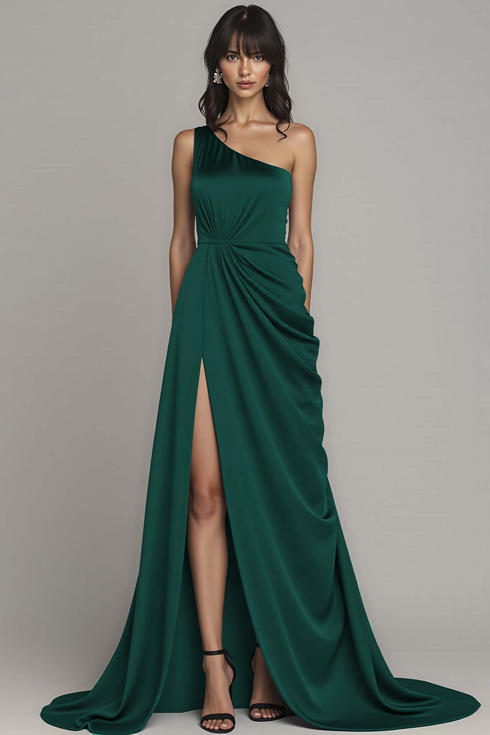Black One Shoulder A Line Long Satin Formal Dress with Slit