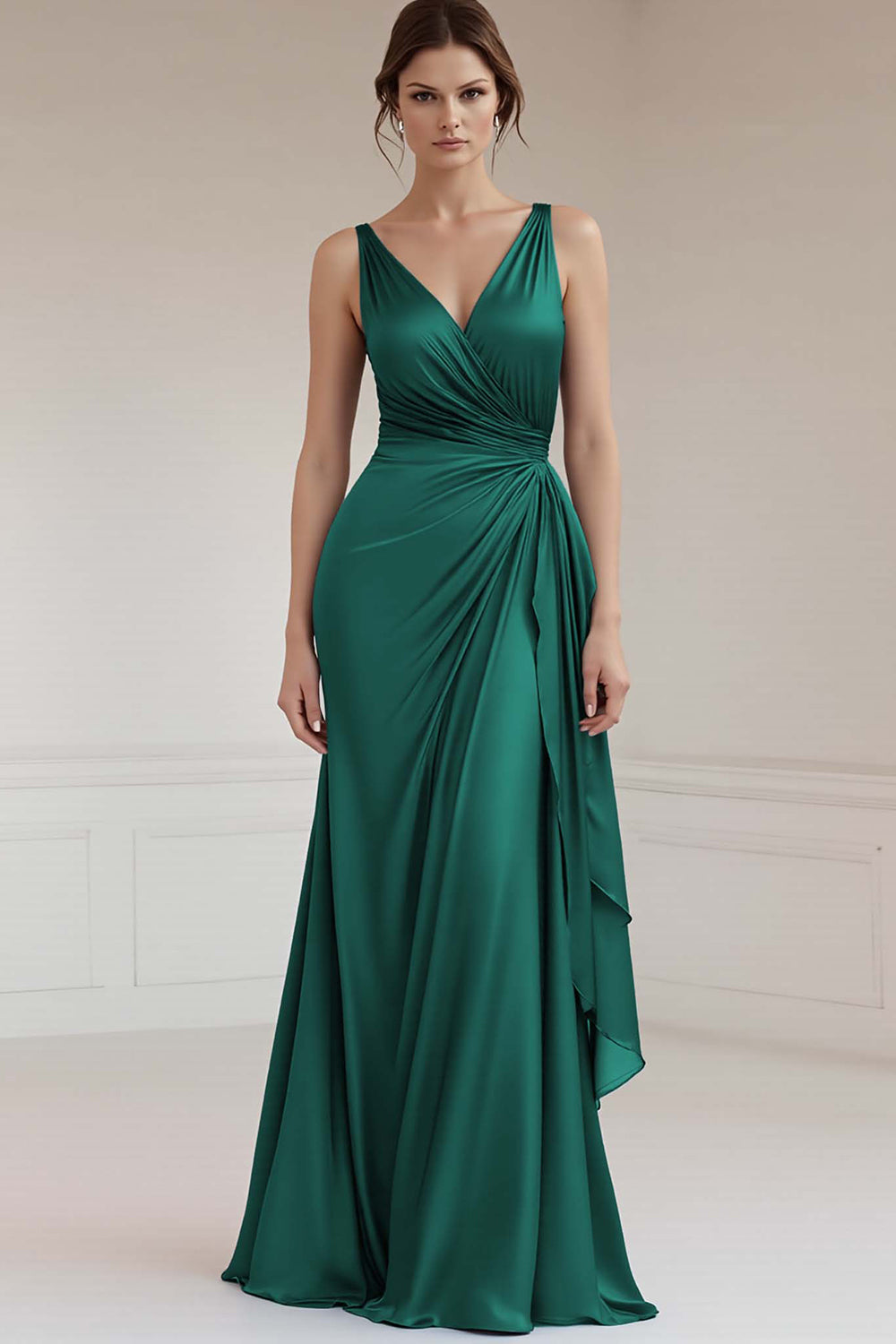 Grey Blue Sheath V-Neck Long Satin Ruched Formal Dress