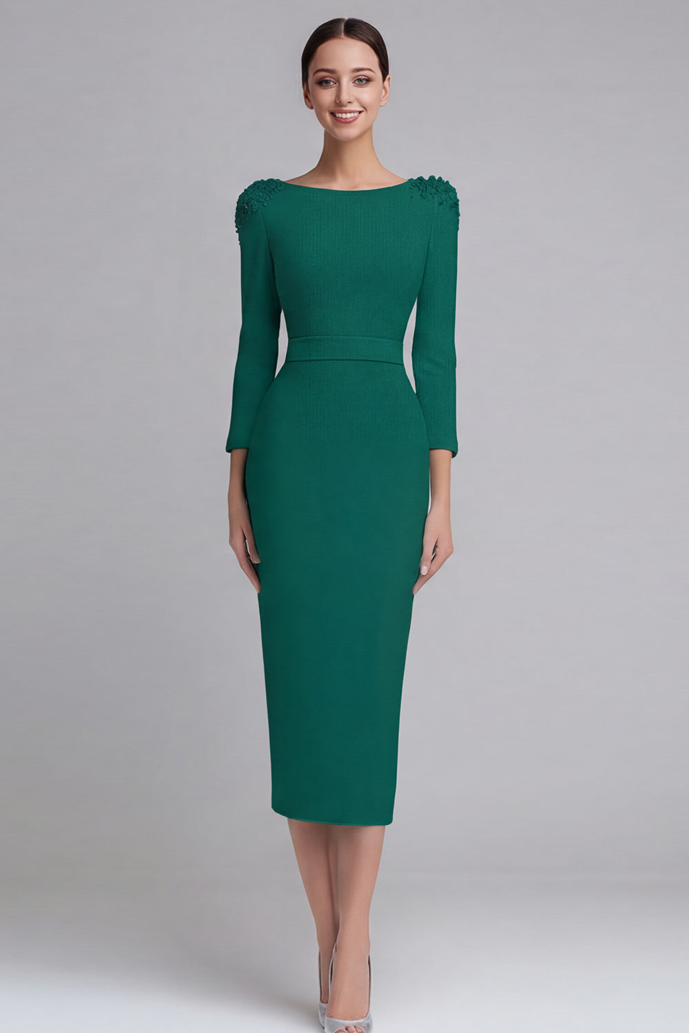 Simple Light Blue Pencil Boat Neck Midi Work Dress with Sleeves