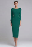 Simple Light Blue Pencil Boat Neck Midi Work Dress with Sleeves