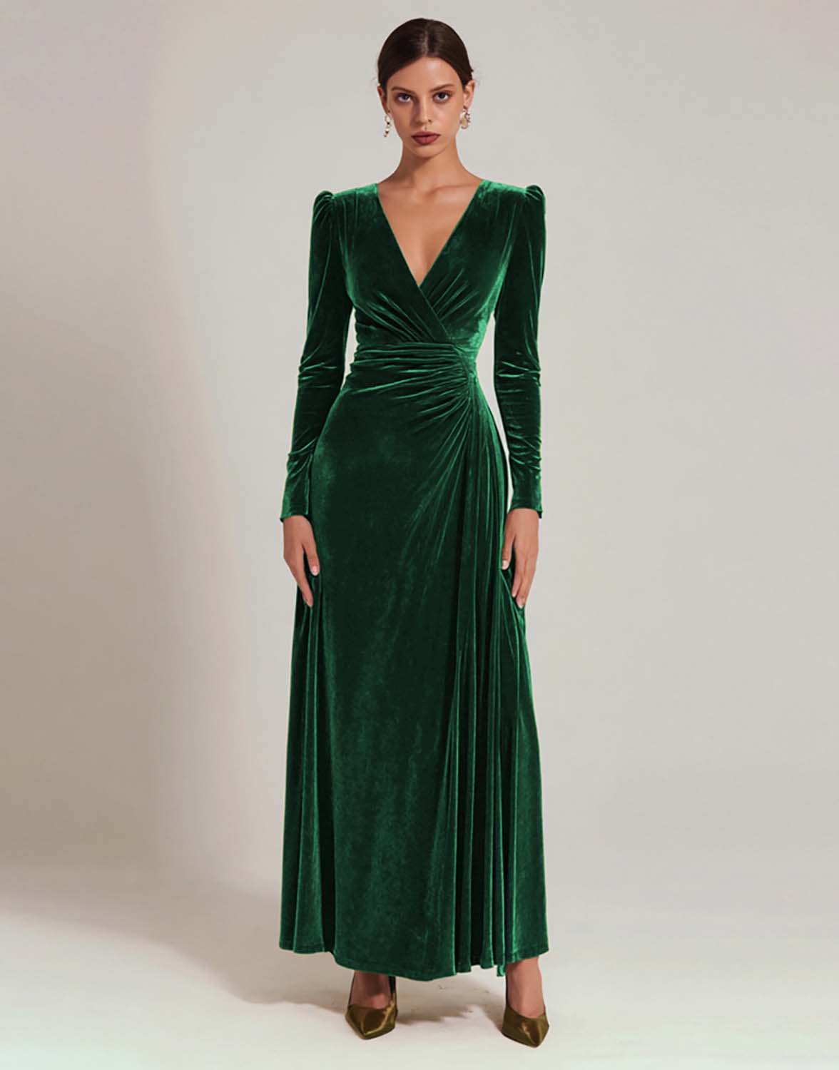 Zapakasa Women Olive Velvet Long Holiday Party Dress with Sleeves A Line V-Neck Evening Dress Zapakasa Women Olive Velvet Long Holiday Party Dress with Sleeves A Line V-Neck Evening Dress
