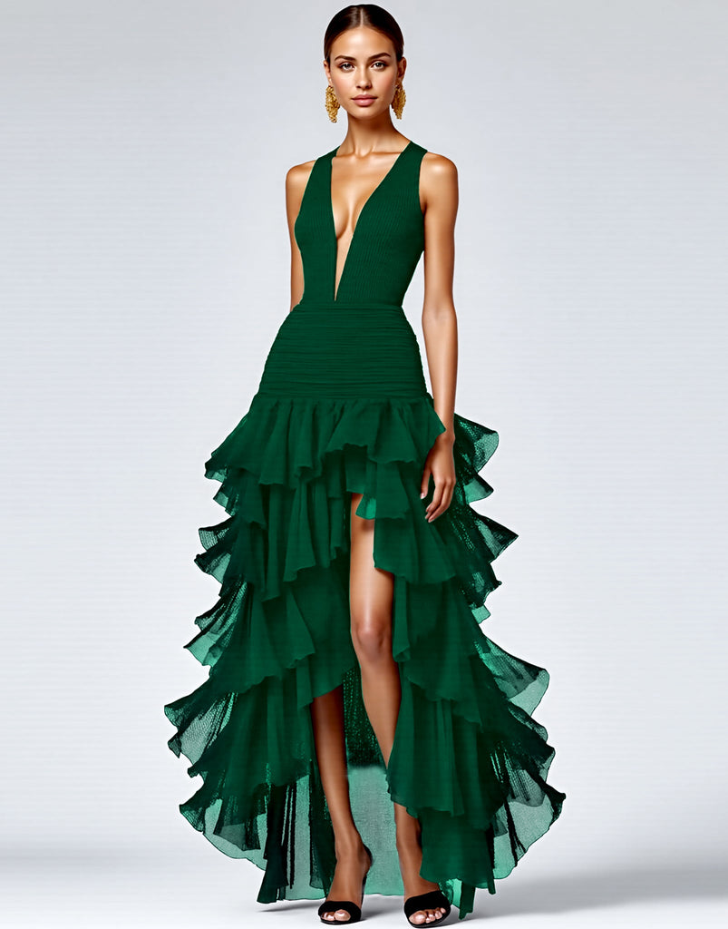 A-Line Long Sleeve V Neck Ruffle Floor-length Dress Royal Blue main image 1