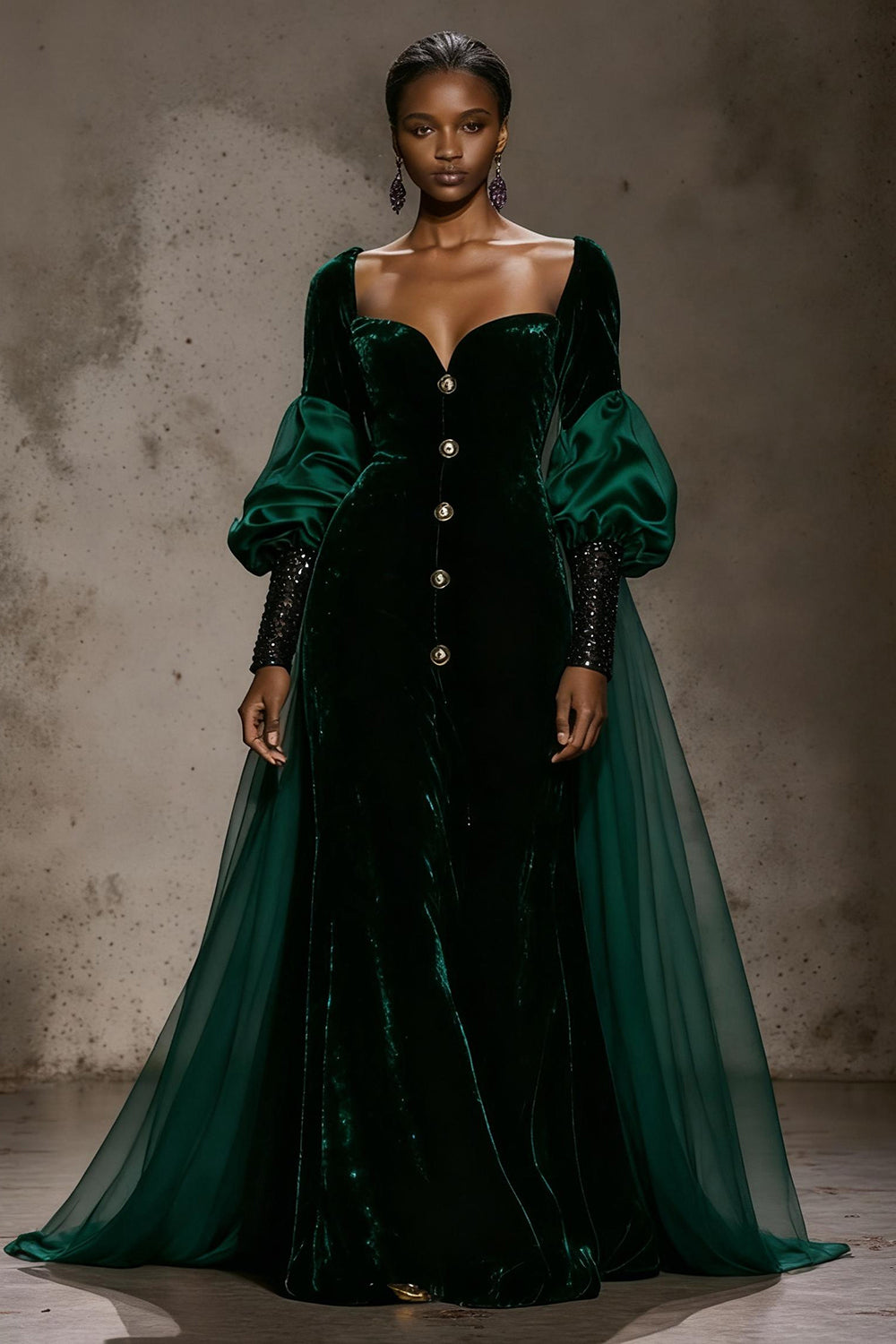 Burgundy Velvet Long Sleeves Formal Dress with Cape