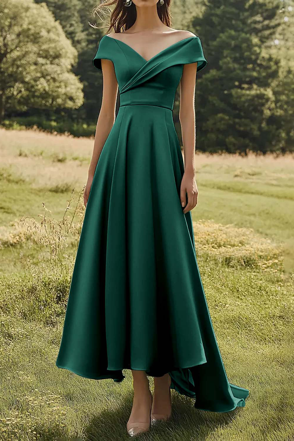Sage Off The Shoulder Slim Formal Dress with Wide Hem