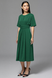 Navy Satin A Line Scoop Neck Midi Work Dress