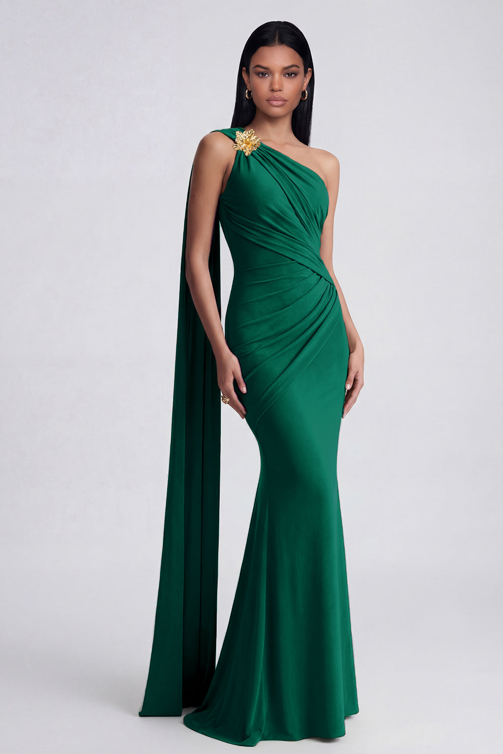 Olive Floral One Shoulder Ruched Long Mermaid Formal Dress with Side Cape