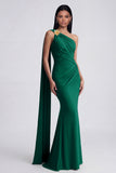 Olive Floral One Shoulder Ruched Long Mermaid Formal Dress with Side Cape