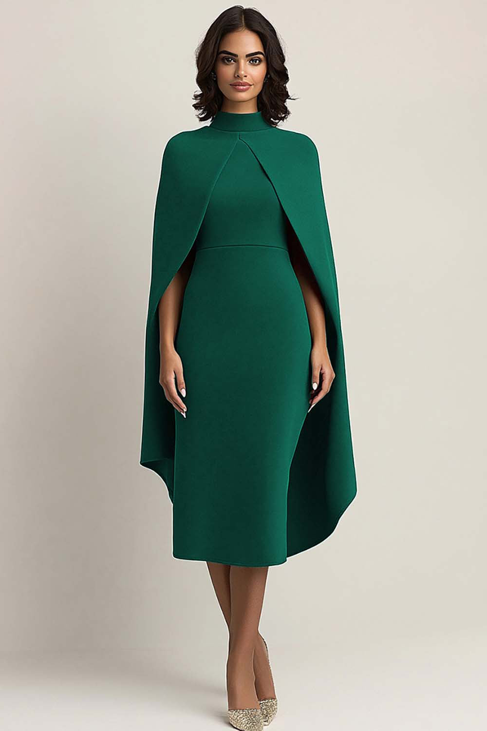 Burgundy High Neck Sheath Knee-Length Formal Dress with Shawl