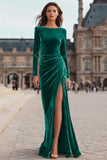Caramel Velvet Sheath Ruched Long Sleeves Formal Dress with Slit