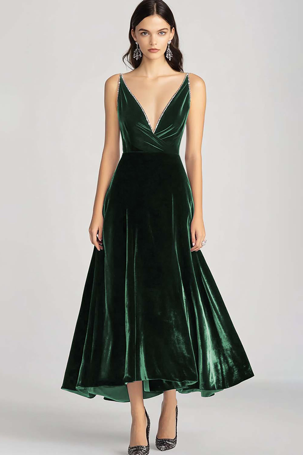 Burgundy Spaghetti Straps V Neck Velvet Formal Dress