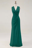 White Chiffon V-Neck Sheath Sleeveless Long Rehearsal Dinner Dress