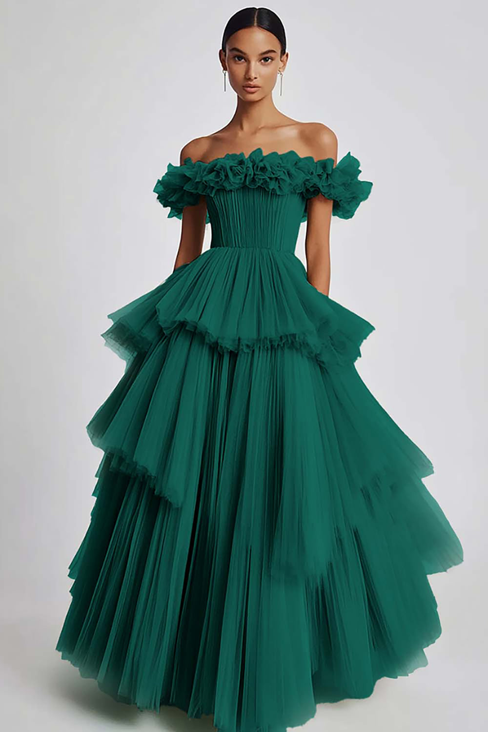 Dusty Sage Tulle Off the Shoulder Long Formal Dress with Ruffles