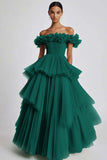 Dusty Sage Tulle Off the Shoulder Long Formal Dress with Ruffles