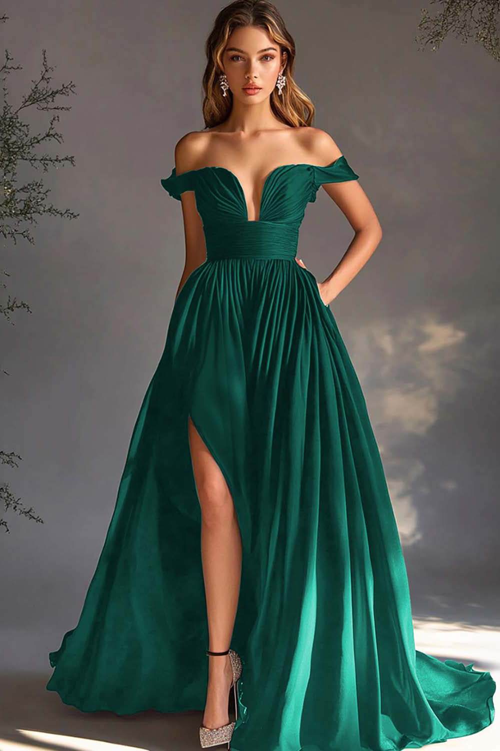 A Line Chiffon Pleated Long Off the Shoulder Formal Dress with Slit
