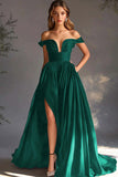 A Line Chiffon Pleated Long Off the Shoulder Formal Dress with Slit