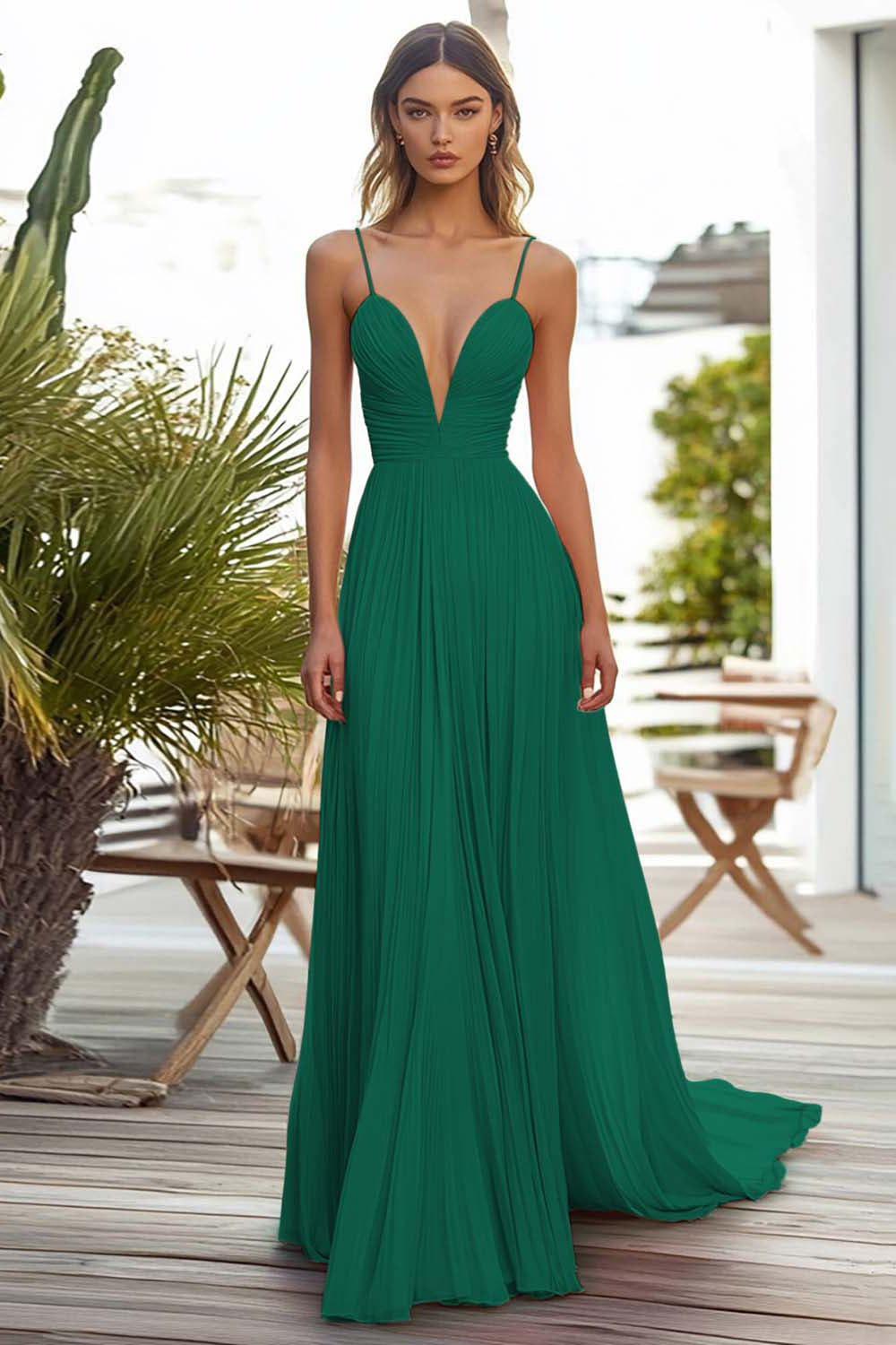 Pink Spaghetti Straps Chiffon Long Wedding Guest Dress with Pleated