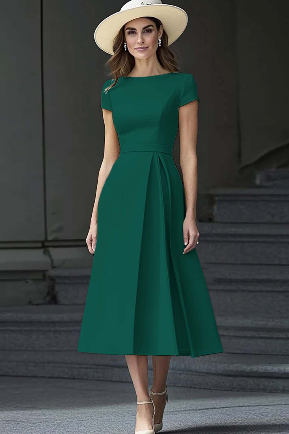 Daffodil Satin Bateau Neck A Line Midi Work Dress with Sleeves