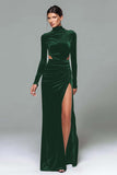 Black Velvet High Neck Sheath Long Sleeves Holiday Party Dress with Slit