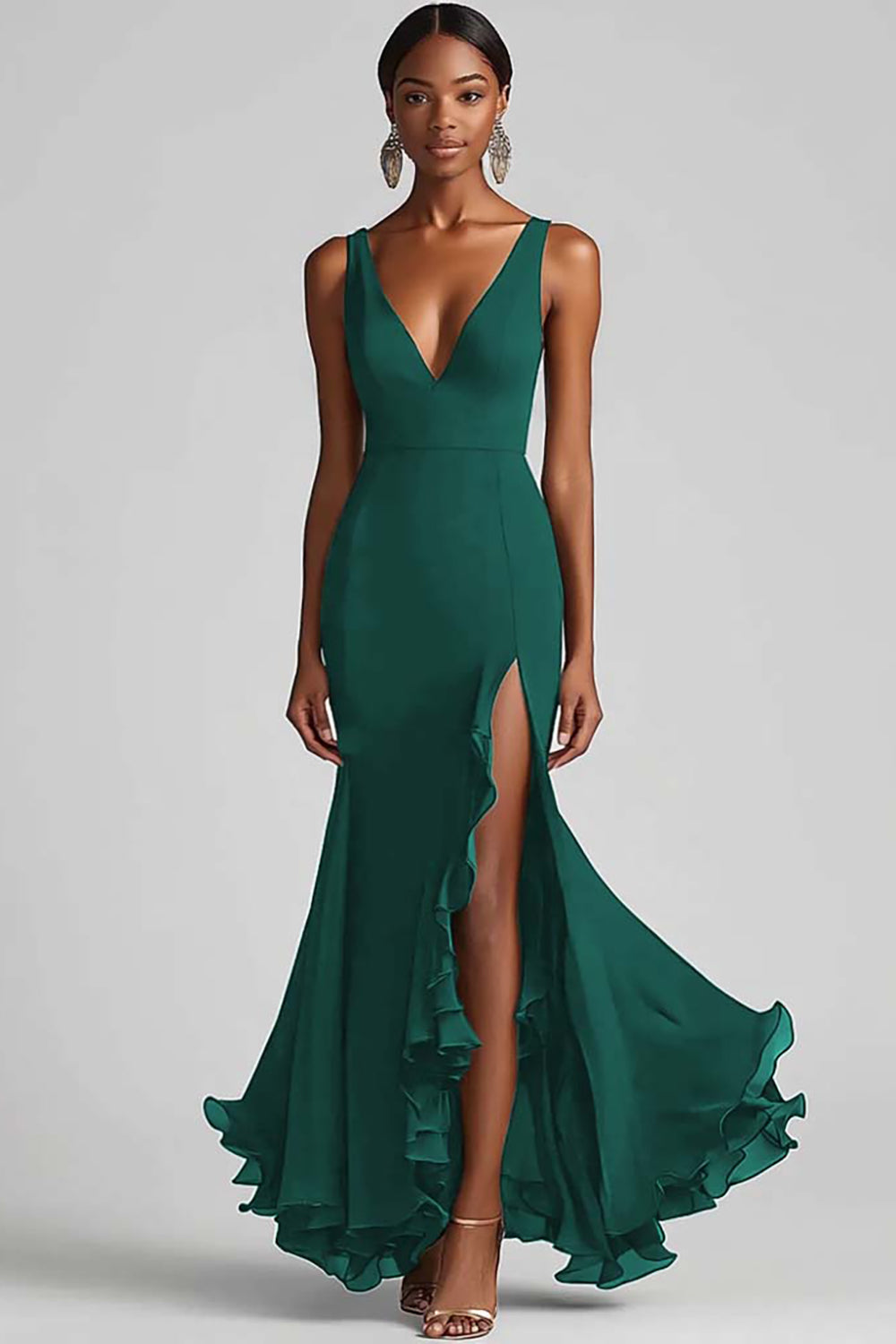 Black Mermaid Chiffon V Neck Long Formal Dress with Slit