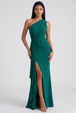 Ruched Long Mermaid Burgundy One Shoulder Formal Dress with Ruffles