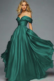 Red Satin A Line Off the Shoulder Ruched Long Prom Dress