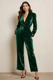 Green Velvet Prom Jumpsuit with Pockets Long Sleeves Peak Lapel Party Jumpsuits with Sash